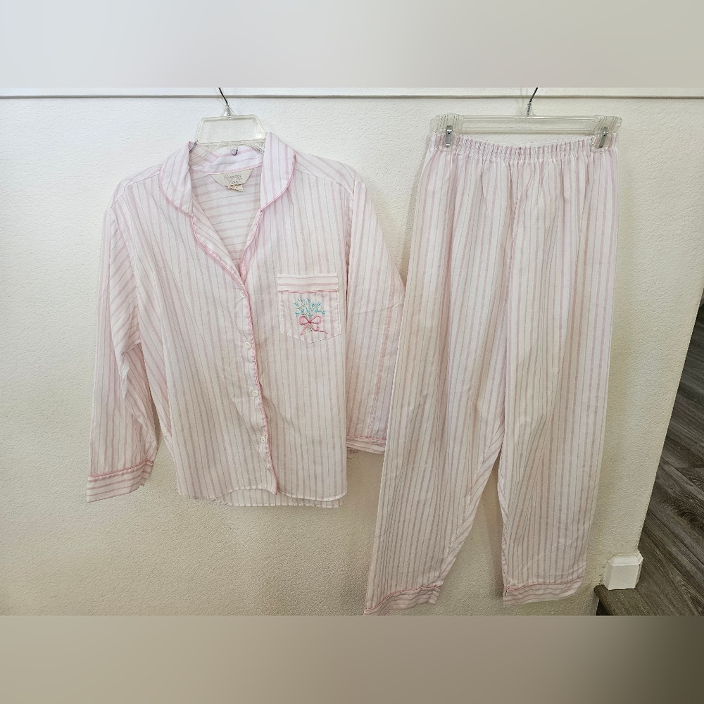 Vintage Carriage Court Pink Striped Pajama Set - Petite Medium 80s 90s Sleepwear